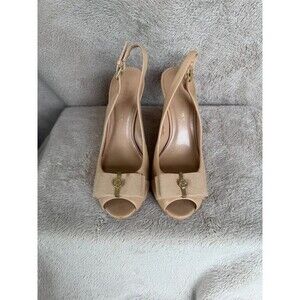 Audrey Brooke Nude Leather Bow Slingback Wedges 6M